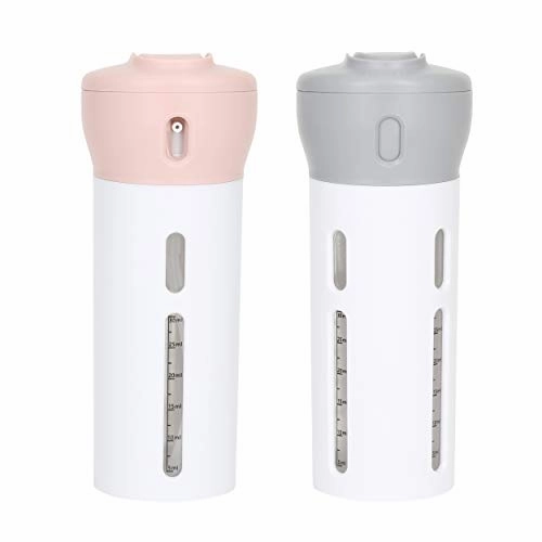 Travigo 4-in-1 Travel Bottle Dispenser, Includes Four Empty Reusable 1.4 oz. (40 mL) Cosmetic Toiletry Containers for Sanitizer, Soap, Lotions, Skincare, Makeup Products (Gray-Pink, 2 Piece Set)