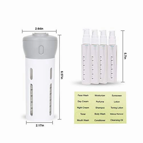 Travigo 4-in-1 Travel Bottle Dispenser, Includes Four Empty Reusable 1.4 oz. (40 mL) Cosmetic Toiletry Containers for Sanitizer, Soap, Lotions, Skincare, Makeup Products (Gray-Pink, 2 Piece Set)