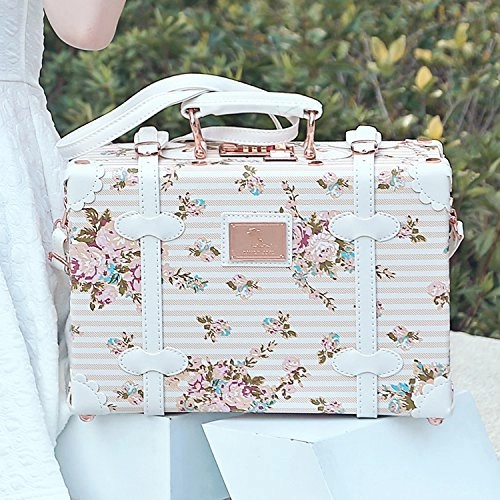 Unitravel Vintage Suitcase Pu Leather Small Floral Box With Straps Carry On 12"
