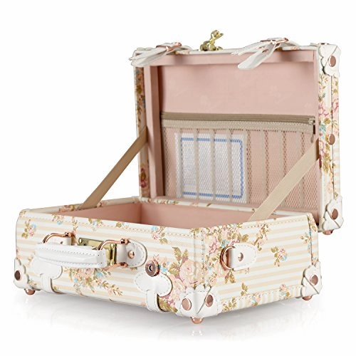 Unitravel Vintage Suitcase Pu Leather Small Floral Box With Straps Carry On 12"