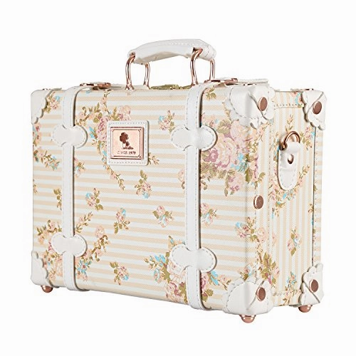 Unitravel Vintage Suitcase Pu Leather Small Floral Box With Straps Carry On 12"