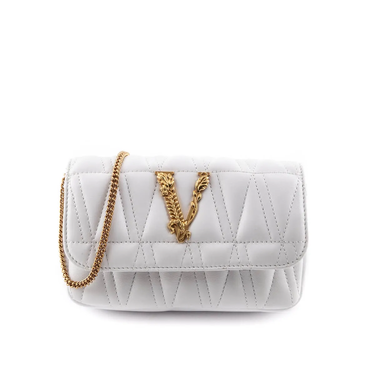 Versace White Quilted Lambskin Virtus Mini Shoulder Bag