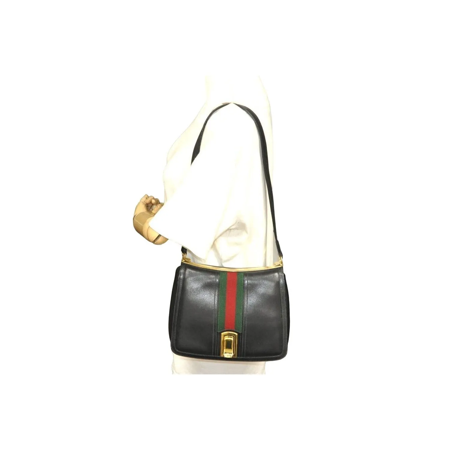 Vintage, RARE, Gucci, mod, black leather, saddle bag shoulder purse with a wide red & green center stripe, and bold gold accents g
