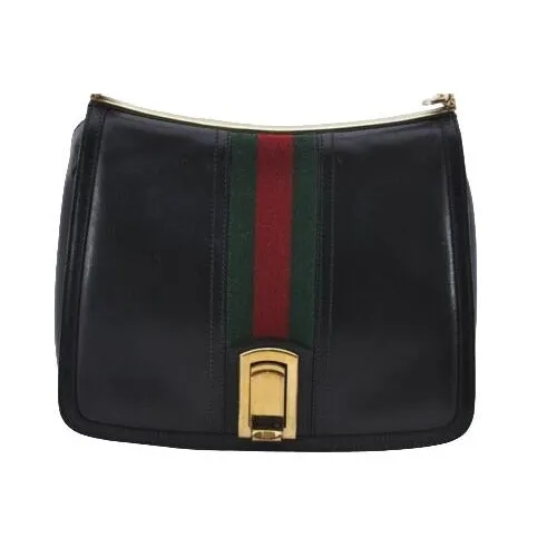 Vintage, RARE, Gucci, mod, black leather, saddle bag shoulder purse with a wide red & green center stripe, and bold gold accents g
