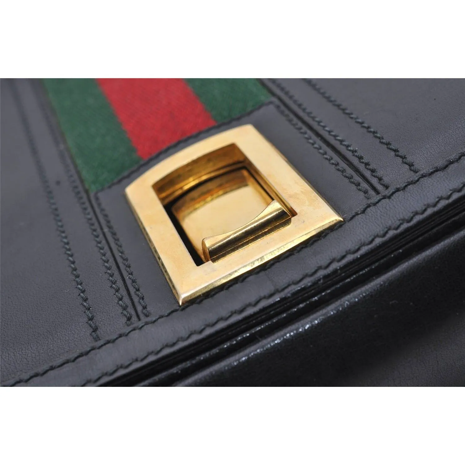 Vintage, RARE, Gucci, mod, black leather, saddle bag shoulder purse with a wide red & green center stripe, and bold gold accents g