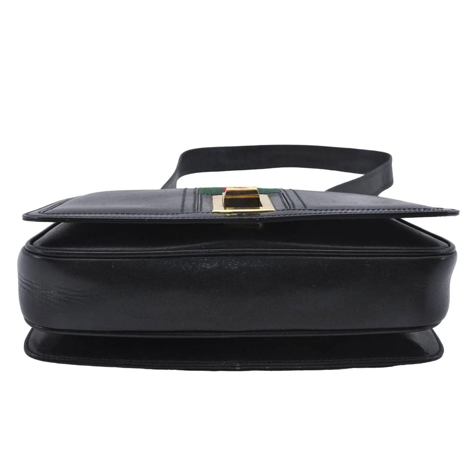 Vintage, RARE, Gucci, mod, black leather, saddle bag shoulder purse with a wide red & green center stripe, and bold gold accents g