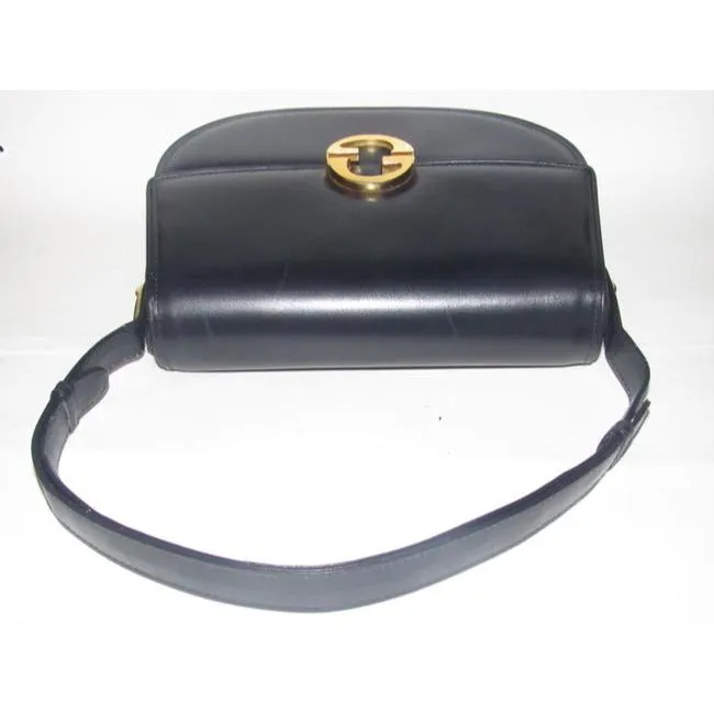 Vintage, RARE, Gucci, mod, deep blue leather, 1973 line , shoulder purse with bold gold tone accents