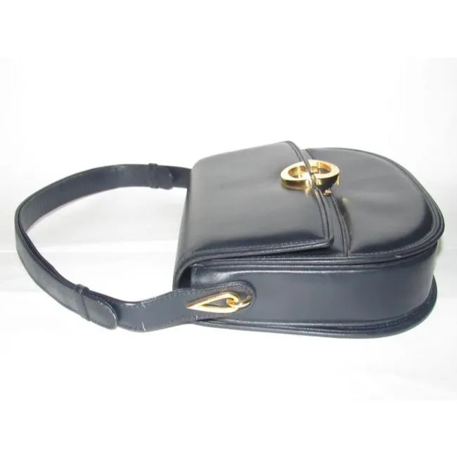 Vintage, RARE, Gucci, mod, deep blue leather, 1973 line , shoulder purse with bold gold tone accents
