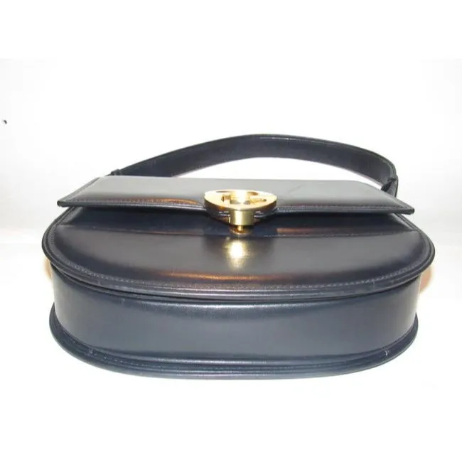 Vintage, RARE, Gucci, mod, deep blue leather, 1973 line , shoulder purse with bold gold tone accents