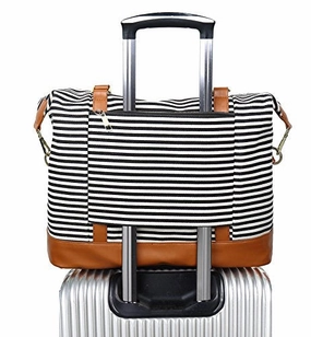 Women Ladies Canvas Weekender Bag Overnight Carry-on Tote Duffel in Trolley Handle (Black Stripe)