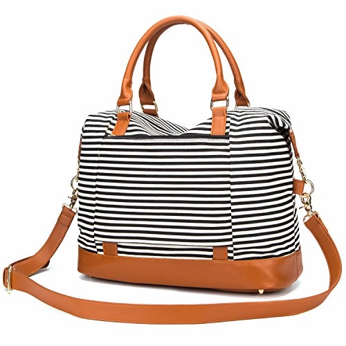 Women Ladies Canvas Weekender Bag Overnight Carry-on Tote Duffel in Trolley Handle (Black Stripe)