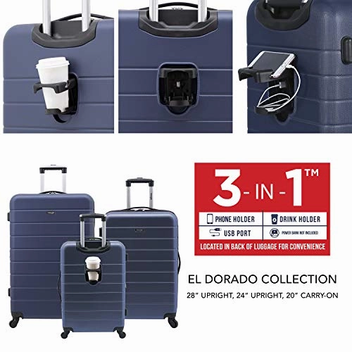 Wrangler Smart Luggage Set with Cup Holder and USB Port, Navy Blue, 3 Piece