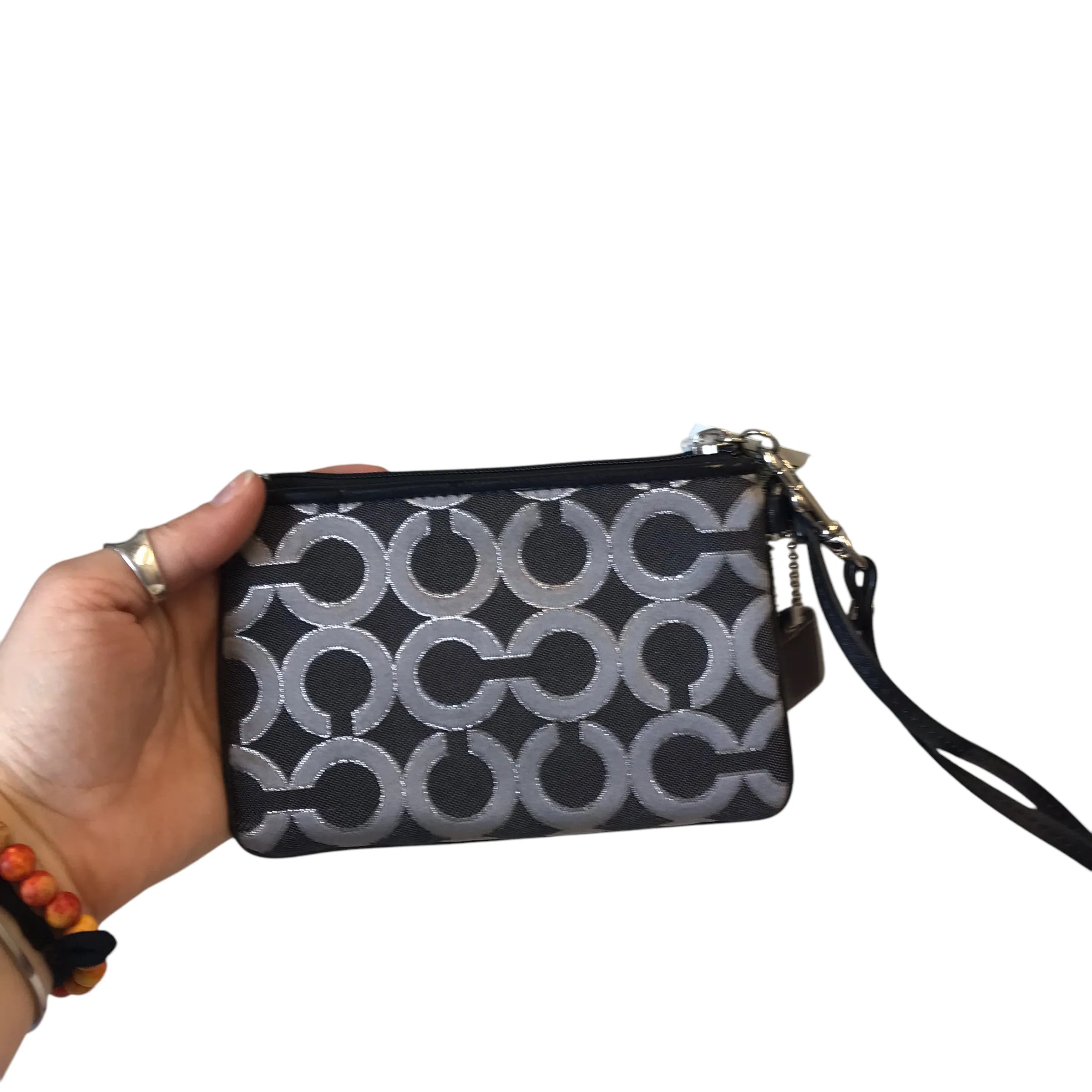 Wristlet Designer By Coach In Black & Silver, Size:Small
